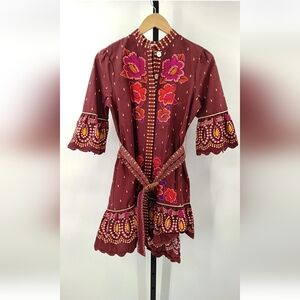 FARM Rio Maroon Mini Dress with Pink and Orange Embroidery